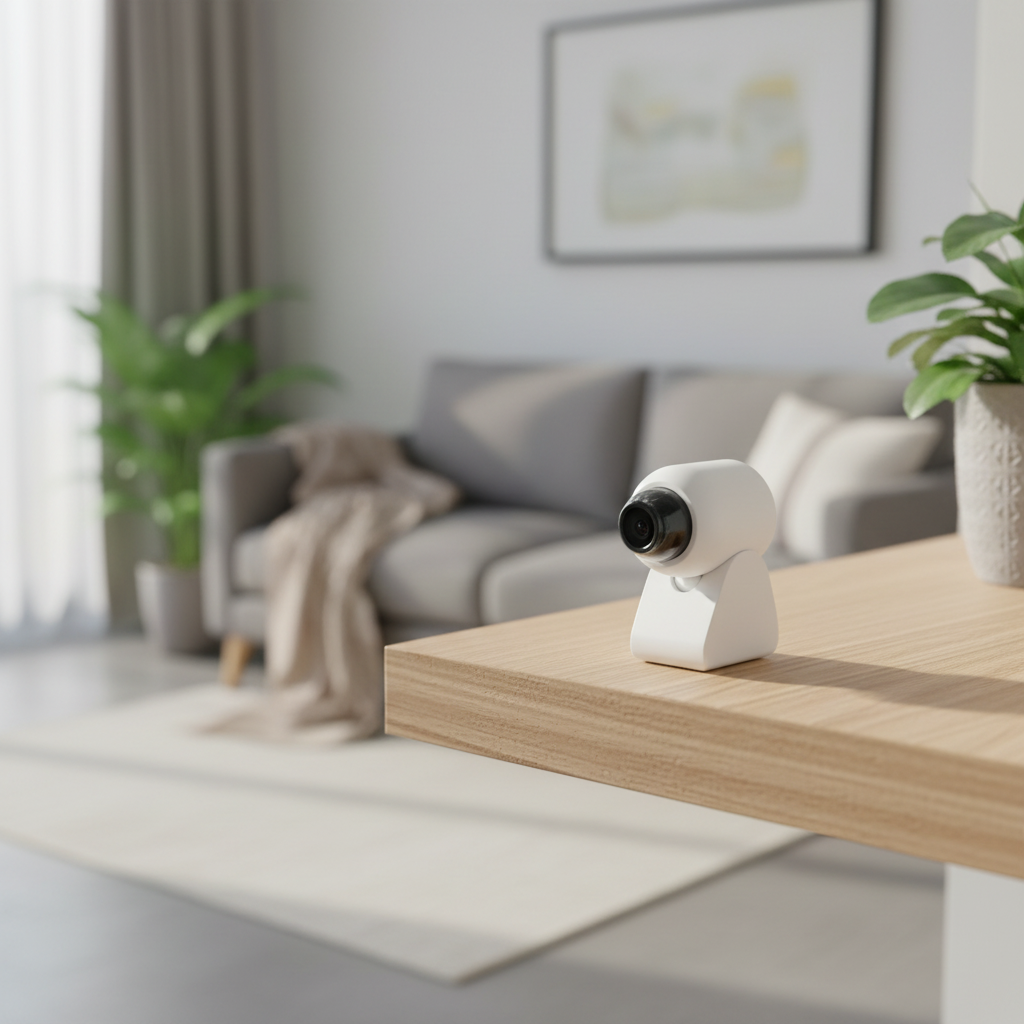 Compact Indoor WiFi Security Camera on a living room shelf