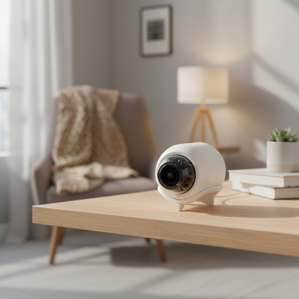 Mini Smart Indoor WiFi Camera on a living room shelf