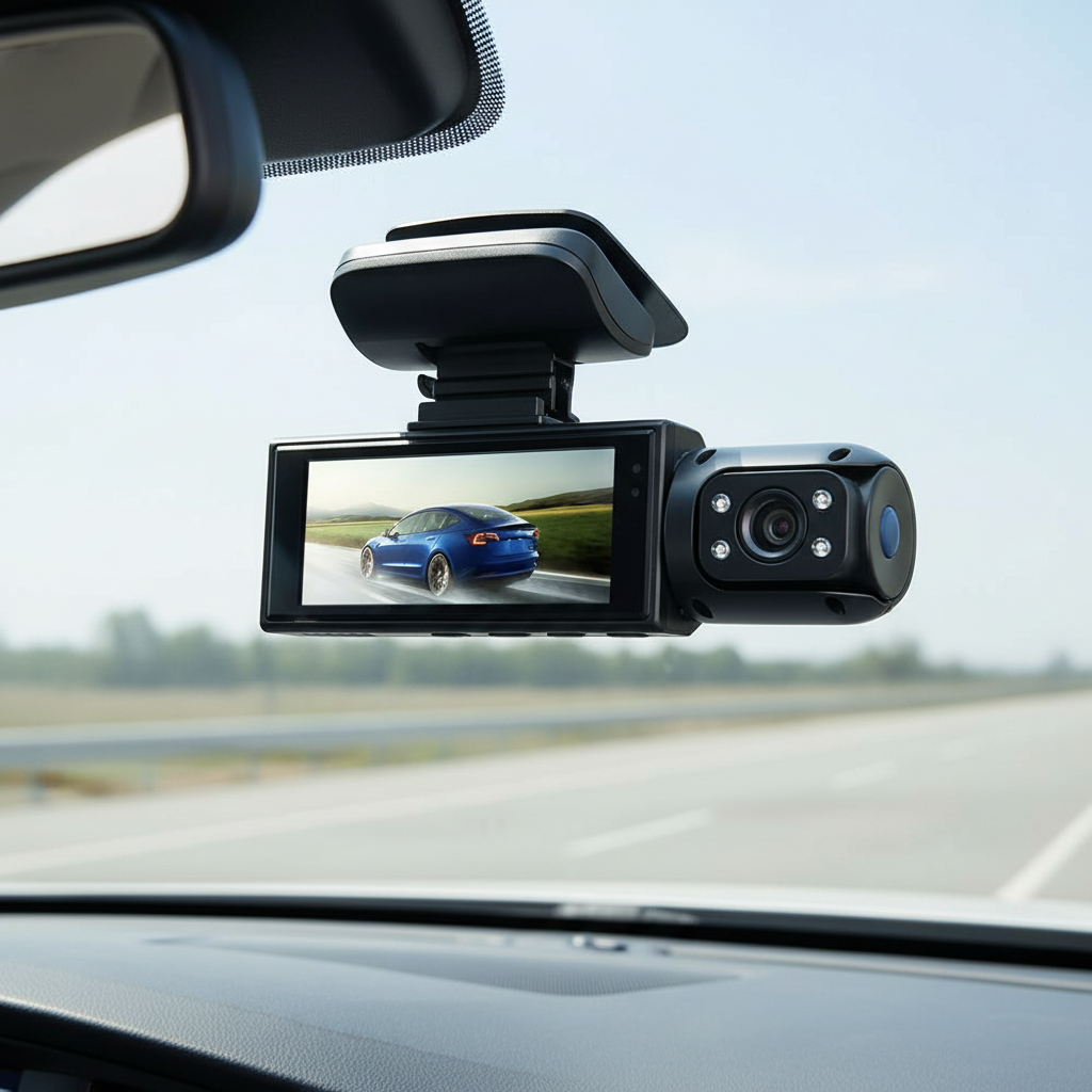 Dual-Lens 1080p Dash Cam mounted on a car windshield
