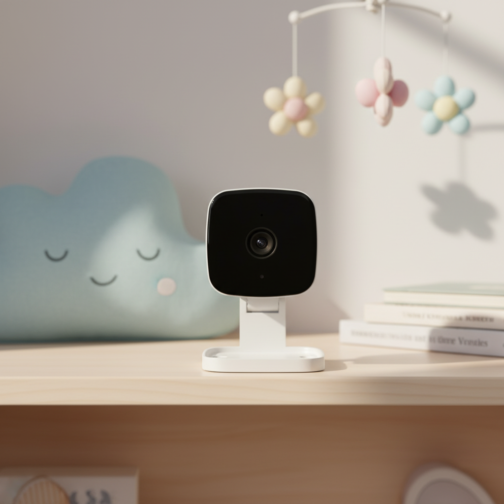 WiFi Baby Monitor and Indoor Camera on a nursery shelf